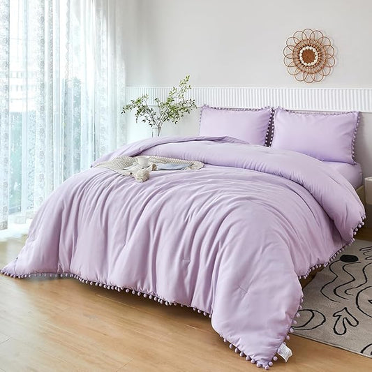 PERFEMET 5 Pcs Lavender Pom Pom Comforter Queen Size Boho Luxury Light Purple Bedding Sets for Girls Soft Cozy Solid Bed in A Bag for Women Adults(Lavender, Queen)