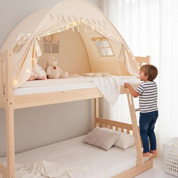Akiky Bed Tent Bed Canopy Twin Size with Bottom,Kids Tent Indoor Floor with Lights Portable Foldable Bunk Curtains for Girls Boys (Natural, Twin)