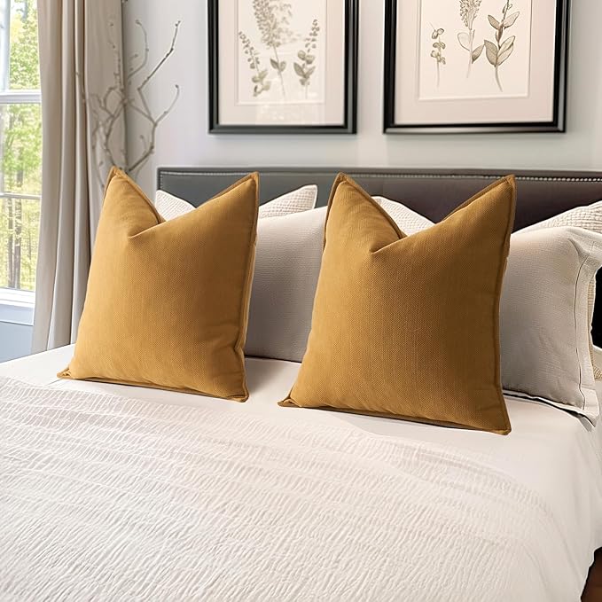 MIULEE Pack of 2 Mustard Yellow Decorative Pillow Covers 22x22 Inch Soft Chenille Luxurious Couch Throw Pillows Boho Cushion Covers Euro Shams Elegant Design for Sofa Bed Living Room Spring Decor
