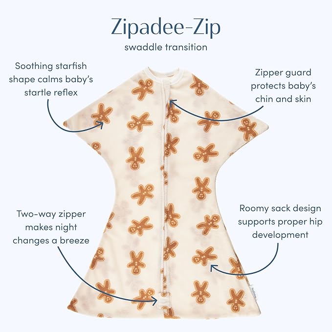 SleepingBaby Zipadee-Zip Transition Swaddle - Cozy Fleece Wearable Blanket with Two-Way Zipper for Baby Sleep - Cookies, Large (12-24 Month)
