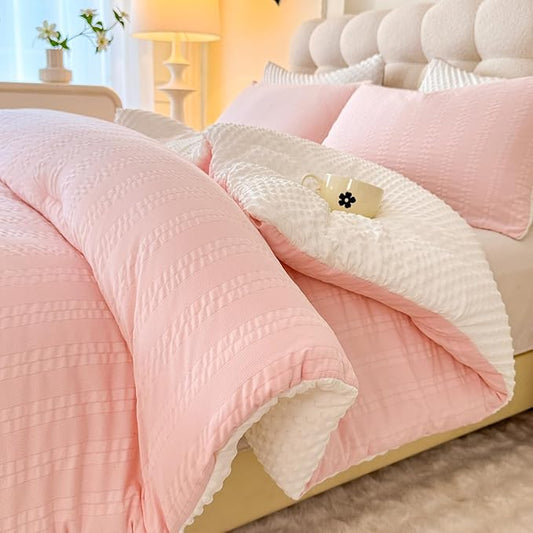 Boho Comforter Set Full Size Striped Pleats Bohemian Seersucker Bedding Set All Season Soft Cozy 3 Pieces Quilt with 2 Pillowcases(80"X90" Blush Pink)