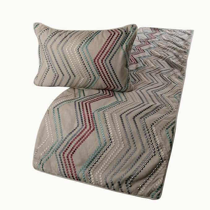 The HomeCentric King Queen Twin Beige Linen Bed Runner & Decorative Throw Pillow Cover, Queen Size 74"x18" Bed Runner with 2 Pillow Cover, Linen & Embroidery, Chevron Modern Pattern - Dotty Chevron