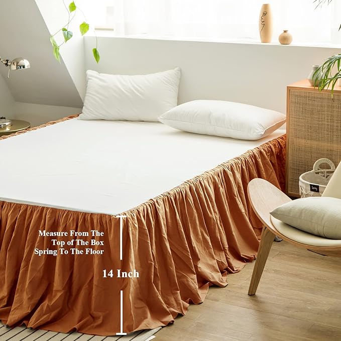 BISELINA French Linen Bed Skirt with Pleated Frills 14-Inch Tailored Drop Natural Flax Cotton Blend Dust Ruffle Soft Cozy Farmhouse Bedding (14" Queen, Rust)