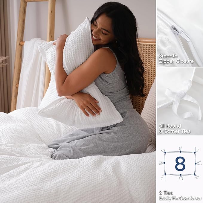 David's Home Waffle Weave Duvet Cover Set Twin Size,Soft Breathable 2pcs Comforter Cover Set with 1 Pillowcase,Textured Home Decor Bedding Set Cozy for All Seasons, White 68"×90",No Comforter