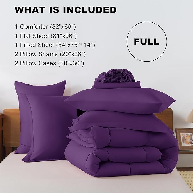 ELNIDO QUEEN® Full Comforter Set Purple- 7 Pieces Bed in a Bag Full Size, Bed Set for All Seasons, Ultra Soft Bedding Sets with Comforter, Flat Sheet, Fitted Sheet, Pillowcases and Pillow Shams