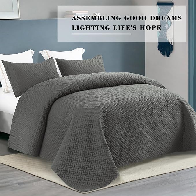 Exclusivo Mezcla Full Queen Size Quilt Bedspreads with Basket Weave Pattern, Soft Lightweight Summer Quilts Bedding Set Coverlets Bed Cover for All Seasons, Dark Grey