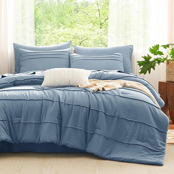 CozyLux California King Comforter Set Grayish Blue, 7 Pieces Pinch Pleat Bed in a Bag Cal King Comforter Set with Sheets, Bed Set with Down Alternative Comforter, Sheets, Pillowcases & Shams