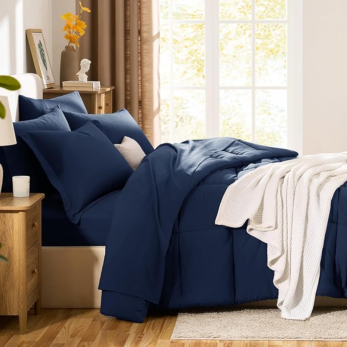 CozyLux Oversized Queen Comforter Sets Navy Blue, 7 Pieces Bed in a Bag, 98x98 Box Stitched Design Bedding Set, All Season Soft Bed Set with Down Alternative Comforter, Sheets, Pillowcases & Shams
