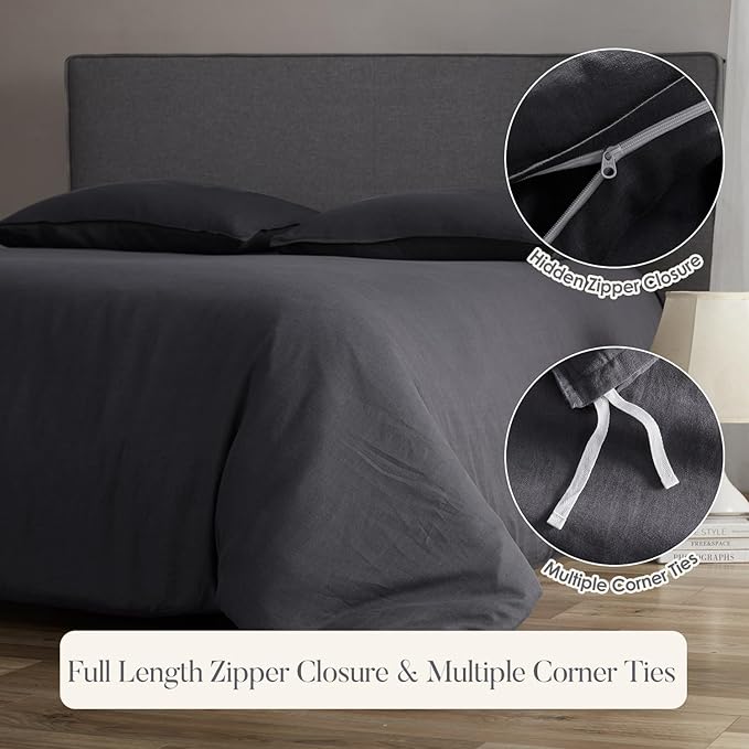 DAPU 100% Linen Duvet Cover Set - Pure Natural French Flax Linen with Corner Ties and Zipper Closure Soft Breathable Durable for Hot Sleepers 1 Duvet Cover 2 Pillowcases (Dark Gray, King)