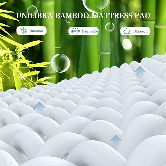 UNILIBRA Cal King Size Mattress Pad Cooling Rayon from Bamboo, Quilted Fitted Mattress Protector Pillow Top Long Mattress Cover with Deep Pocket Up to 21 Inches, Ultra Soft Filling Mattress Topper
