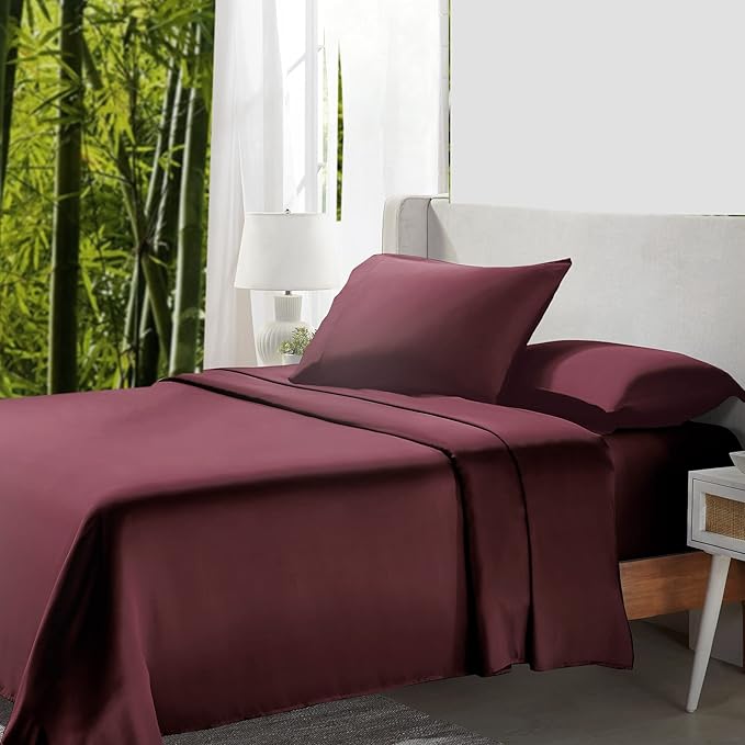 California Design Den Rayon from Bamboo Sheets Cal King Sheet Set, Luxury Cooling Burgundy Sheets for California King Size Bed with Deep Pocket Fitted Sheet