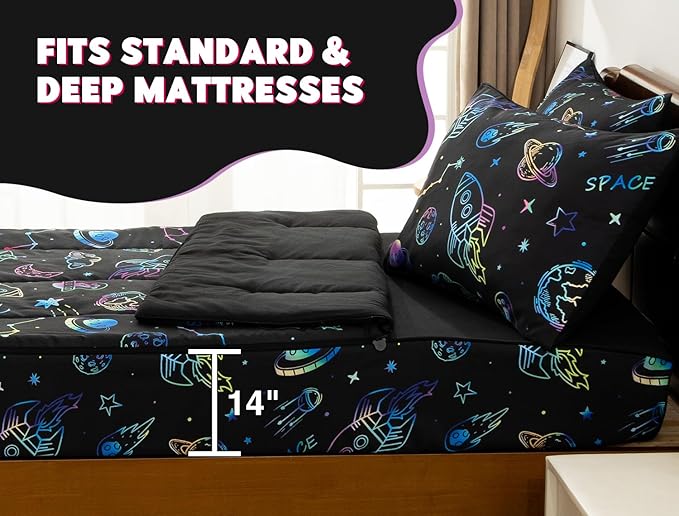 Meeting Story 3pcs Kids Comforter Set Zipper Bedding Set for Boys,Twin Kid Comforter Set Space Bedding Set for Kid,All in one Zipper Bedding（Blackgreen,Twin）