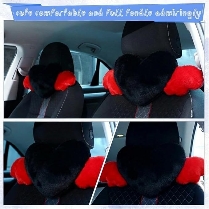 Macarrie 2 Pcs Plush Heart Shaped Pillow with Angel Wings Car Headrest Soft Comfortable Seat Pillow for Driving Travelling Room Office Car Decor, 19.7 x 8.3 Inch(Black, Red)