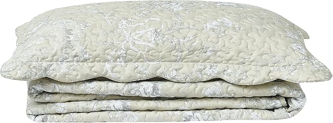 Brilliant Sunshine Classic Grey Floral Toile in Beige Background, 2-Piece Quilt Set with 1 Sham, Reversible Bedspread, Soft Lightweight Coverlet, All-Season, Twin, Beige