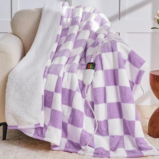 Heated Electric Blanket Throw, 50X60 Heating Blanket with 10 Heat Level & 8 Hours Auto Off for Lap, Light Purple Checkered Plaid Soft Sherpa Blankets Warmer Gifts for Couch Grandma Women Adults