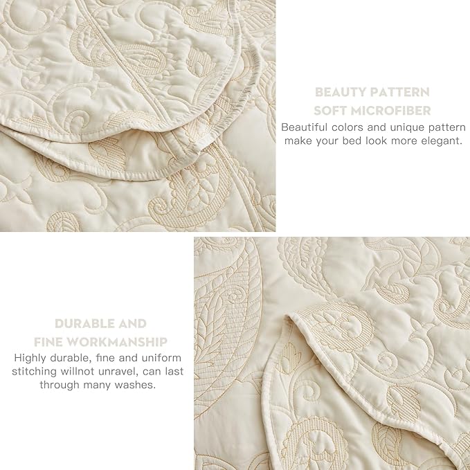 HZ & HY Oversized King Bedspread, Quilted Coverlet Bedding Set, Lightweight Thin Comforter, Reversible, Luxurious, 5 Piece, 100% Microfiber, Ivory Yellow