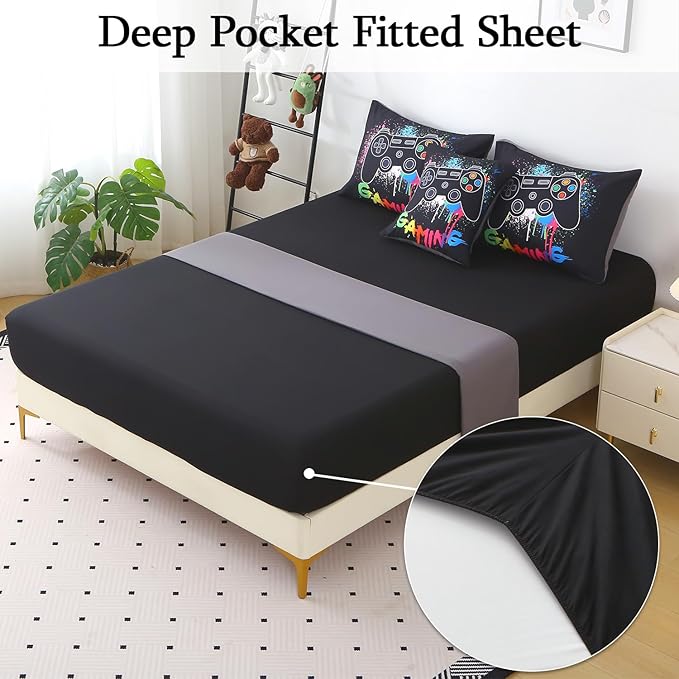 JQinHome Twin Gamer Comforter Sets for Boys,6 Piece Bed in A Bag 3D Video Gamer Bedding -All Season Microfiber Gaming Bedding Set for Kids, with Sheet Sets (Black Gaming)
