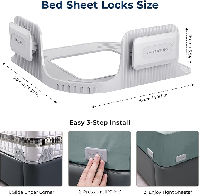 Bed Sheet Holders for Corners - Snap-Lock Sheet Lock for Fitted Sheets, Sheet Holders Keep Sheets Firm & Tight - Durable ABS Mattress Sheet Holder, Easy No-Lift Install, Fits 3"+ Mattresses (Set of 4)