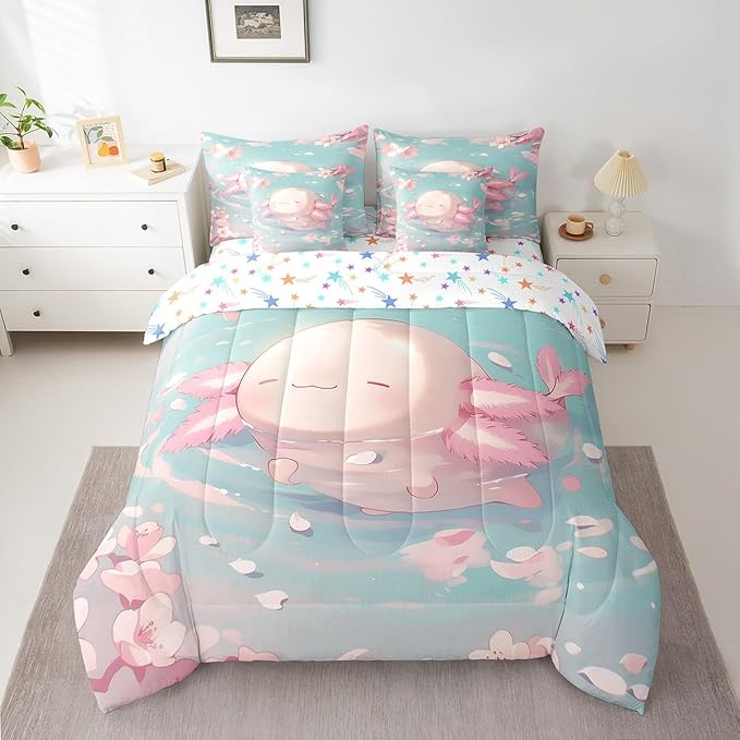 Feelyou Kids Cute Axolotl Comforter Set with Sheets Queen Size, Cartoon Salamander 7 Pieces Bedding Set Boys Girls Kawaii Ocean Sealife Bed in A Bag Cherry Blossoms Teens Bed Set Bedroom Decor 7Pcs