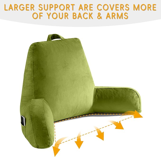 Reading Pillow for Sitting in Bed Adult, X-Large Reading Pillow with Shredded Memory Foam, Back Pillow for Sitting Up with Extend Arms, Pockets, Bed Pillow with Washable Cover, FluorescentGreen