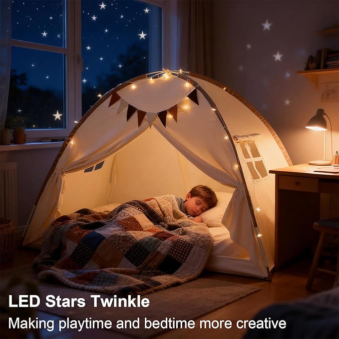 Full Bed Tent Canopy, Indoor Blackout Privacy Toddler Bed Tent for Kids with Light, Portable Sleeping Floor Kids Playhouse (Cream, Full Size)