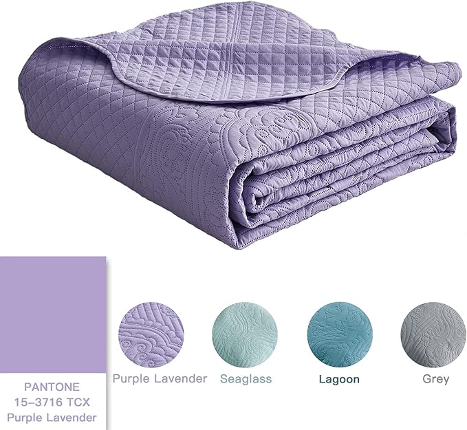 HZ & HY Oversized King Bedspread 138x122 Extra Wide, Ultrasonic Coverlet Bedding Set, Lightweight Thin Comforter, Reversible, 5 Piece, California/Alaskan King, Purple Lavender