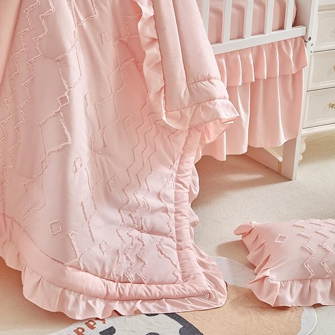 AIKASY The Ruffled Shabby Crib Bedding Set for Girls, Baby Quilted Comforter with Fitted Sheet, Bed Skirt, and Pillowcase（Coral Pink）