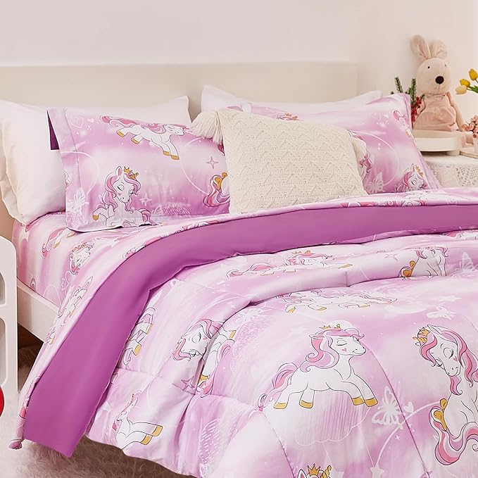 Yibeizi Unicorn Kids Comforter Set for Girls Full Size, Cute Quilted Lavender Printed Bedding Set with Pillow Sham, Lightweight Soft Breathable Machine Washable Bed Set 3 Piece