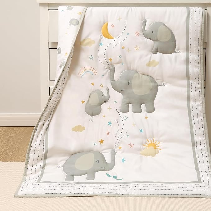 The Peanutshell 3 Piece Elephant Whimsy Baby Crib Bedding Set Boy or Girl, Nursery Decor Boy Crib Comforter Set, Classic Neutral Ivory & Cream Tones Quilt and Accessories, Gender Neutral