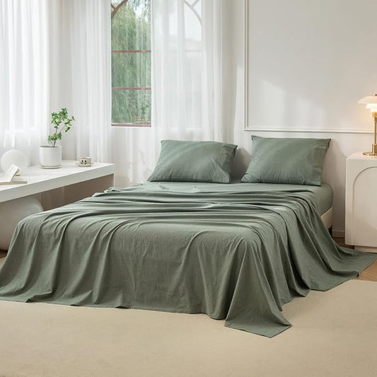 JIYUAN 100% Washed Cotton Sheet Set 4 Pieces Full,1 Fitted Sheet,1 Flat Sheet and 2 Pillowcases,Comfy and Breathable Linen Like Bedding Set,Heathered Green
