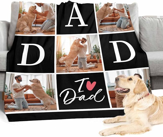 Gifts for Dad Customized Blanket with Photo, 5 Photos Personalized Happy Fathers Day Blankets with Pictures Customized Blanket Best Dad Ever Birthday Gifts for Grandpa Men, 8 Sizes