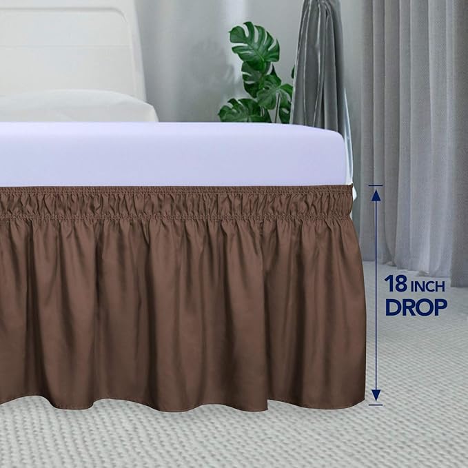 PureFit Wrap Around Ruffled Bed Skirt with Adjustable Elastic Belt - 18 Inch Drop Easy to Put On, Wrinkle Free Bedskirt Dust Ruffles, Bed Frame Cover for Queen, King and C-King Size Beds, Brown