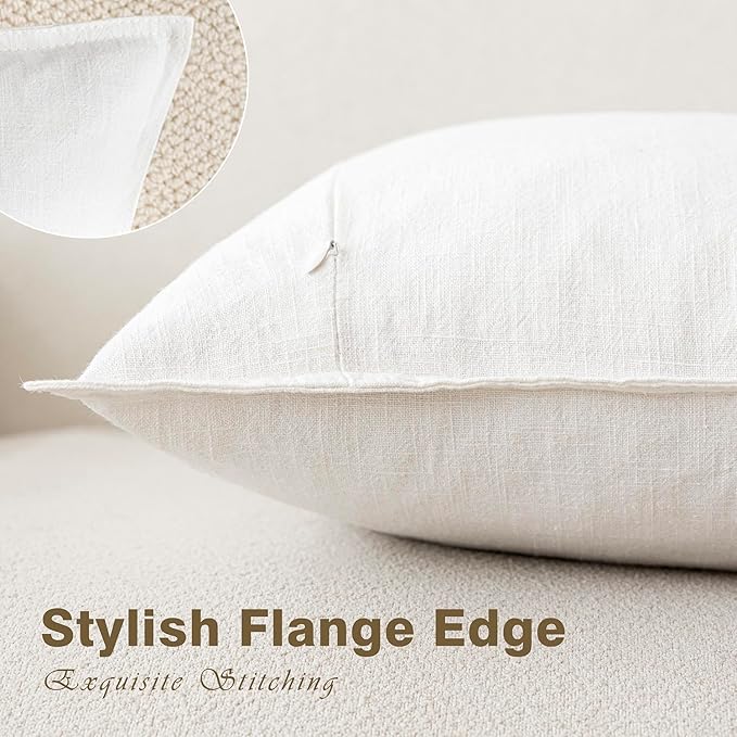 Foindtower Pack of 2, Decorative Linen Soild Throw Pillow Covers Soft Accent Cushion Case Boho Farmhouse Neutral Pillowcase for Couch Sofa Bed Living Room Home Decor 22 x 22 Inch Cream White