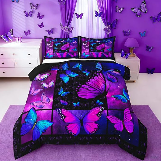 Erosebridal Butterfly Comforter Set Starry Sky Galaxy Comforter Blue Purple Butterfly Bedding Sets Full for Kids Girls Teens Women Bed,Aesthetics Butterflies Quilt Duvet Set 2 Pillow Cases Room Decor