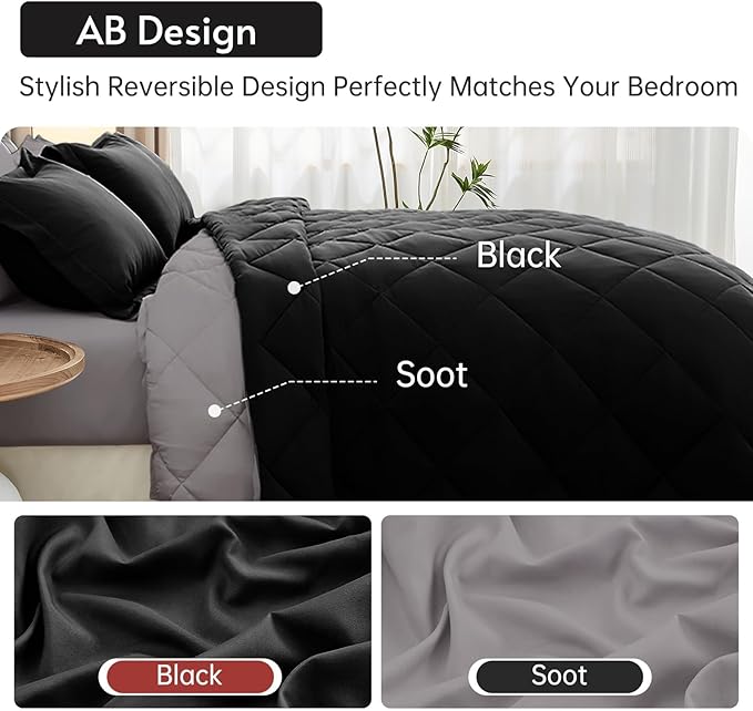 MUXHOMO 5 Pieces Twin Comforter Set, Reversible Bed in a Bag Twin Size, All Season Bedding Set with Comforter, Flat Sheet, Fitted Sheet, Pillowcases & Shams, Black & Soot