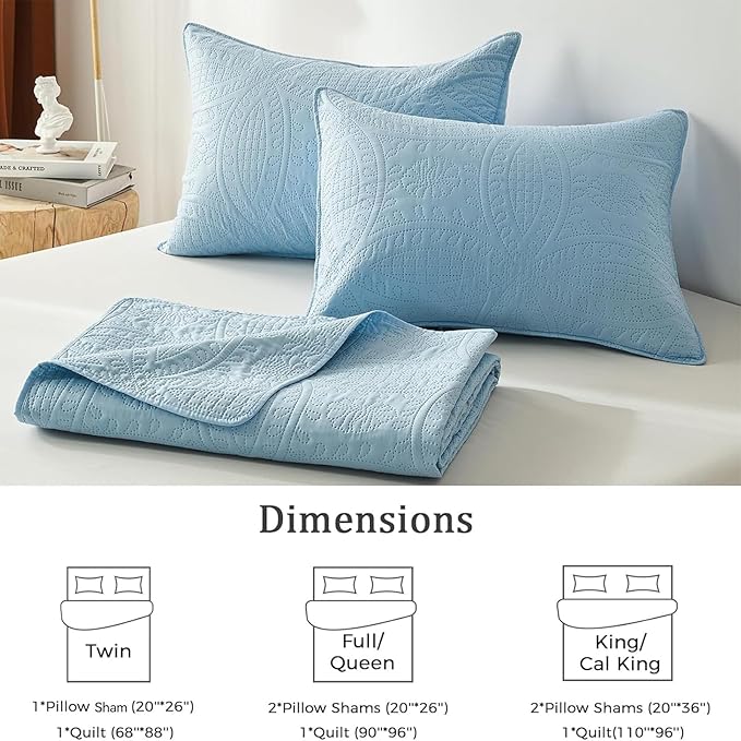 akkialla Queen Quilt Bedding Set,Sky Blue Ultrasonic Full/Queen Quilt Set,Lightweight Soft Bedspread Coverlet,Modern Style Coin Pattern Bed Cover for All Seasons,3 Piece(1 Quilt,2 Pillow Shams)