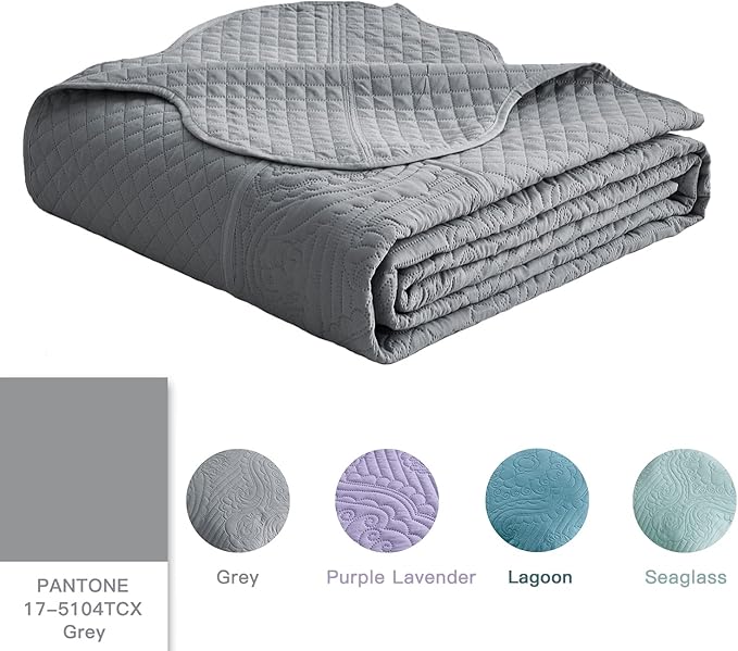 HZ & HY Oversized King Bedspread, Ultrasonic Coverlet Bedding Set, Lightweight Thin Comforter, Reversible, 5 Piece, 100% Microfiber, Grey