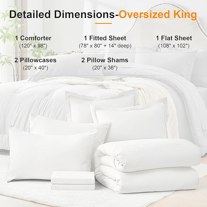 Oversized King Comforter Set 7 Pieces - Ultra-Soft Bed in a Bag, Cozy Luxury All Season Bedding Sets with Comforter, Flat Sheet, Fitted Sheet, 2 Pillow Shams & 2 Pillowcases, White