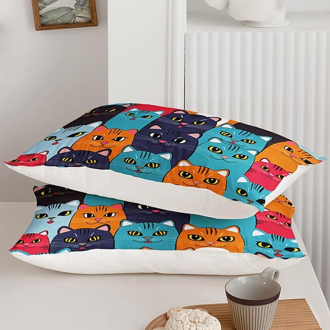 Axolotl Cartoon Cat Comforter Set Kids Bedding Full Size,Cute Colorful Cat Bedding Set for Kids Boys Girls Adults Teens Room Decor,Kids Comforter Set All Season,1 Comforter 2 Pillow Cases