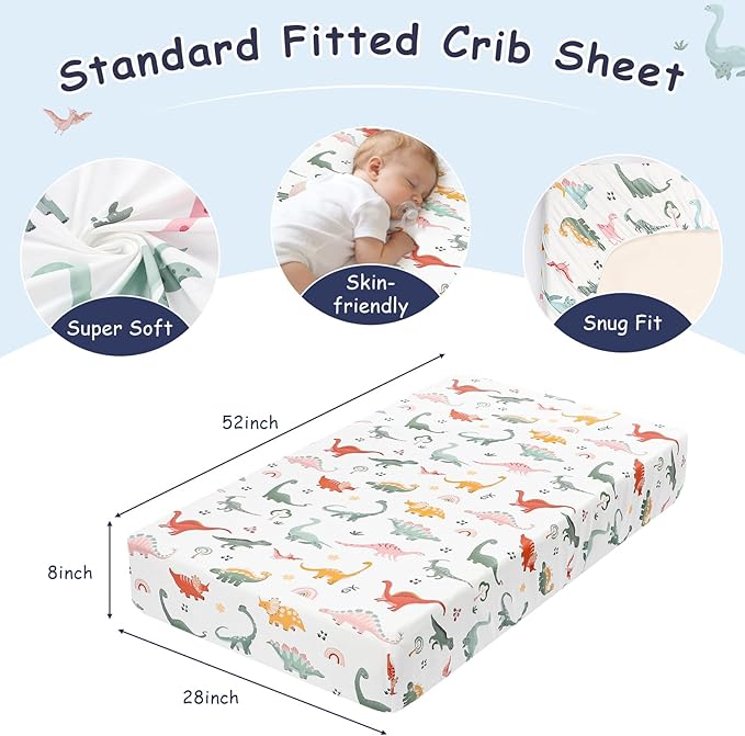 Crib Bedding Set for Boys, Baby Crib Bedding Set 4 Piece, Baby Boy Nursery Bedding Set Including Comforter, Fitted Crib Sheet, Crib Skirt, Diaper Stacker, Blue Dinosaur | Cute Pattern, 4 Piece