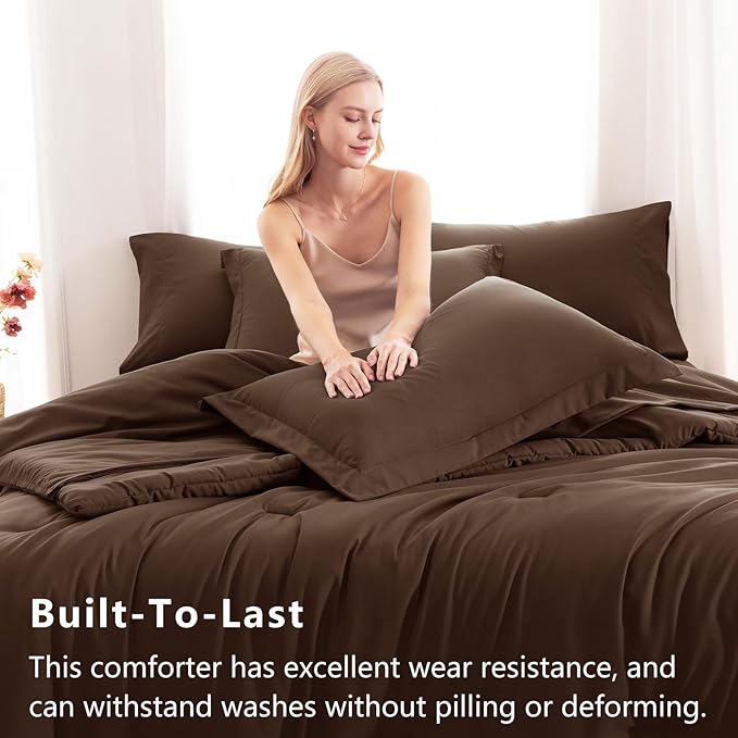 CozyLux Full Size Comforter Set Brown, 7 Pieces Bed in a Bag Full Comforter Set with Sheets, Soft Bedding Set with Down Alternative Comforter, Fitted Sheets, Flat Sheets, Pillow Shams and Pillowcases