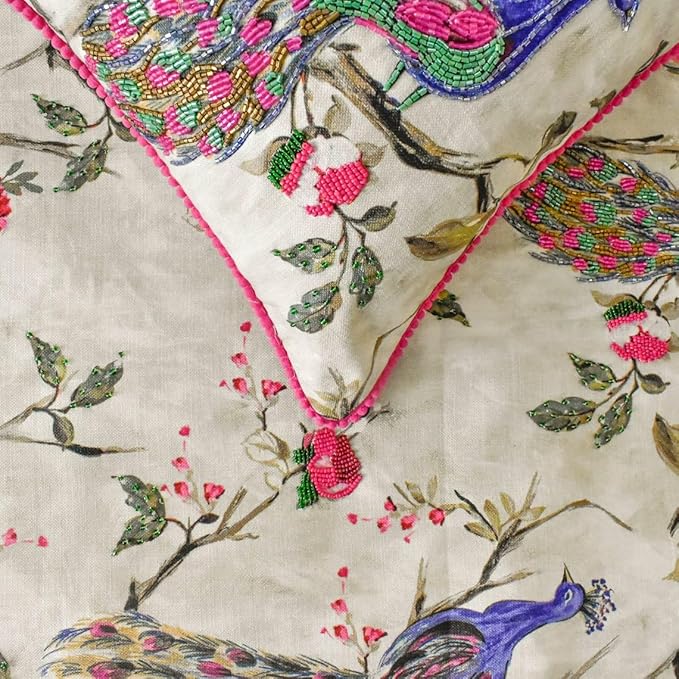 The HomeCentric King/Queen/Twin Pink & Purple Luxury Full 68"x18" Bed Runner with Two Pillow Cover, Peacock, Beaded, Pom Pom Lace Bed Scarf on Cotton Fabric - Pavo Paradiso