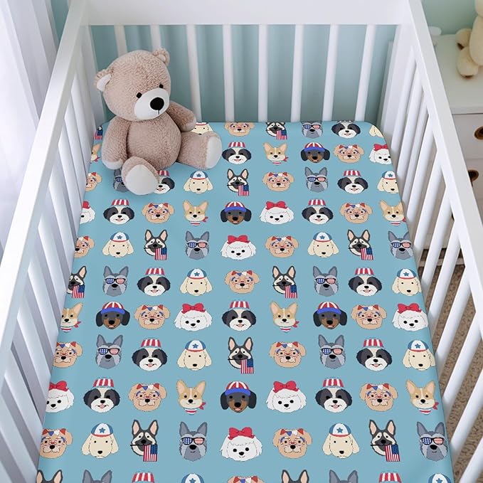 Cute Patriotic Dogs Fitted Baby Crib Sheets for Boy Girl 52"x28" 4th of July Puppies Flags Soft Stretchy Crib Mattress Covers Dogs Lovers Gift Baby Sheets for Standard Crib and Toddler Bed Mattress