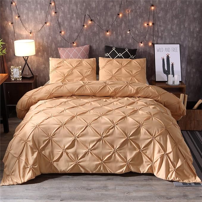 Feelyou Pinch Pleated Bedding Set Pintuck Comforter Cover Twin Size with Zipper Closure Luxurious Pintuck Tufted Duvet Cover Solid Champagne Microfiber Bedspread Cover with 1 Pillow Shams Soft