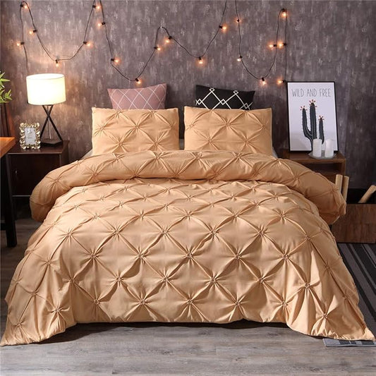 Feelyou Pinch Pleated Bedding Set Pintuck Comforter Cover Twin Size with Zipper Closure Luxurious Pintuck Tufted Duvet Cover Solid Champagne Microfiber Bedspread Cover with 1 Pillow Shams Soft
