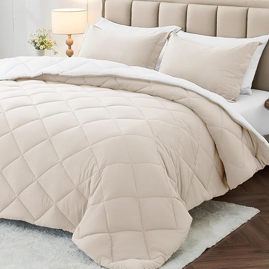 MUXHOMO 7 Pieces California King Comforter Set, Reversible Bed in a Bag Cal King Size, All Season Bedding Set with Comforter, Flat Sheet, Fitted Sheet, Pillowcases & Shams, Beige & White