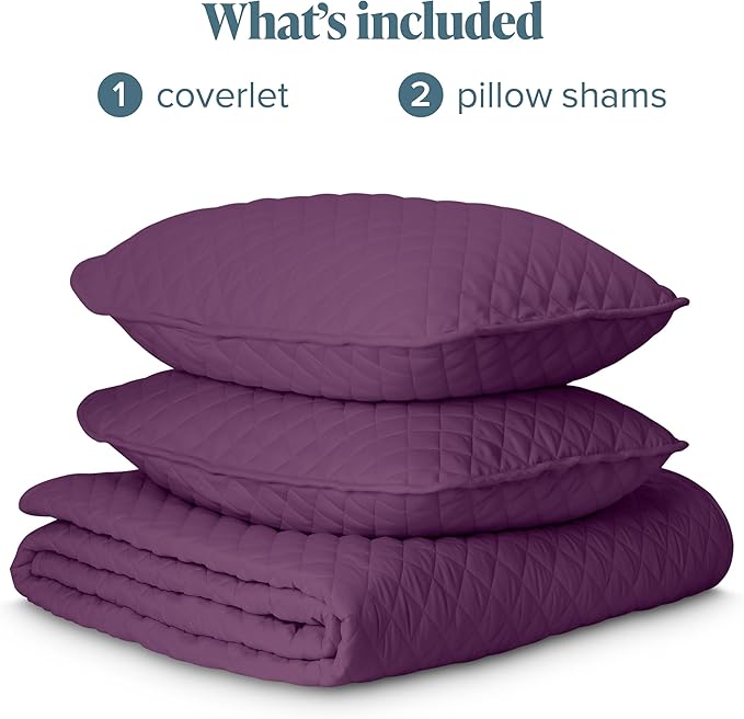 Bare Home Coverlet Set - Full/Queen - Lightweight Bed Decor - Comforter Alternative - All-Season Quilted Bedspread (Full/Queen, Plum)