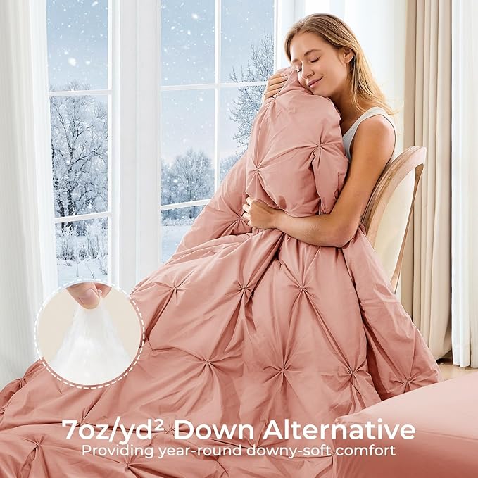 Sasttie King Size Comforter Set, 7-Piece Bed in a Bag, Pintuck Bedding Set for All Season, Includes Comforter, Flat Sheet, Fitted Sheet, Pillowcases and Pillowshams, Blush