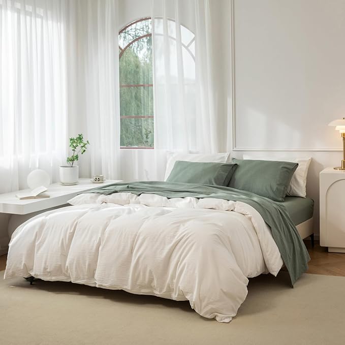 JIYUAN 100% Washed Cotton Sheet Set 4 Pieces Cal King,1 Fitted Sheet,1 Flat Sheet and 2 Pillowcases,Comfy and Breathable Linen Like Bedding Set,Heathered Green