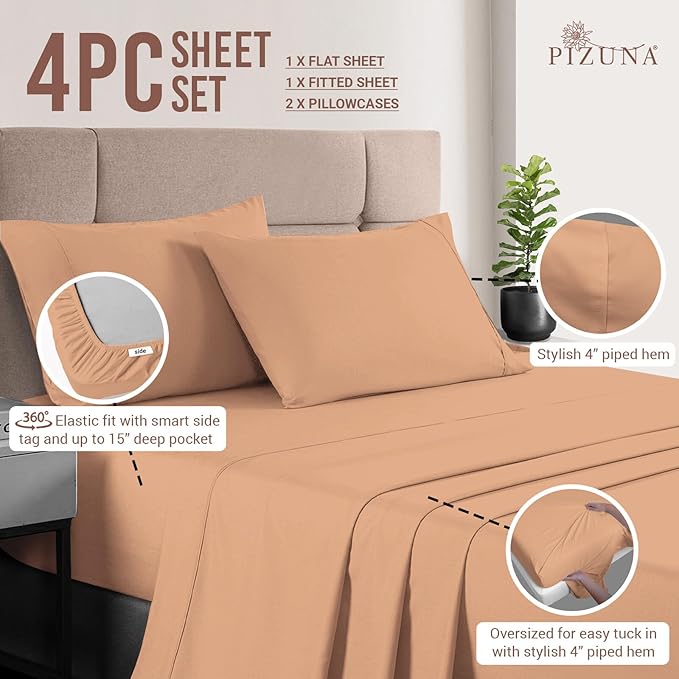 Pizuna Pure 100% Cotton Sheets RV Queen Size, Luxurious 400 Thread Count Long Staple Cotton Sateen Sheets with 15inch Deep Pocket (Combed Peach Cotton RV Queen Sheets Set)